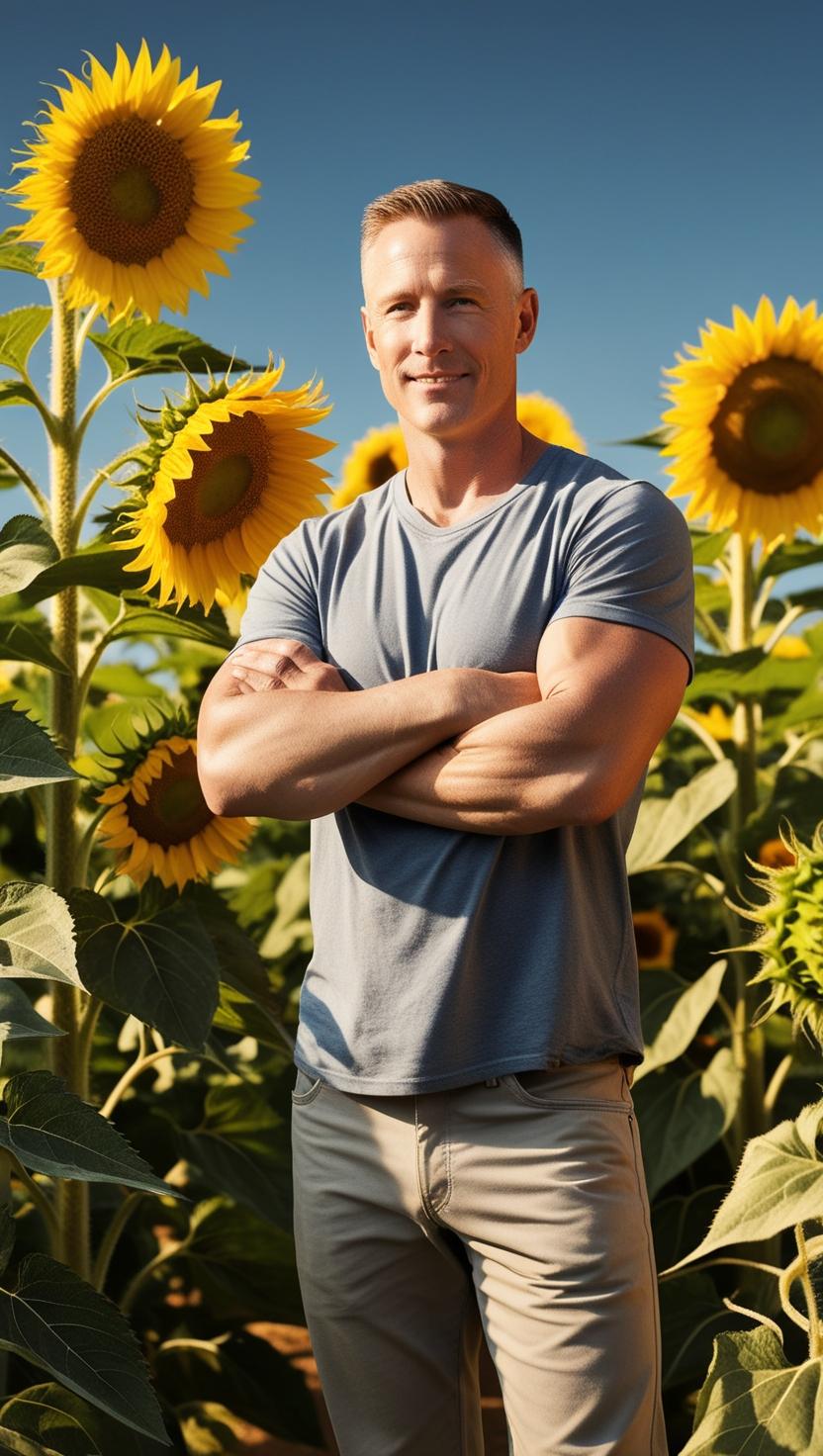 man standing in sunflower field with arms crossed